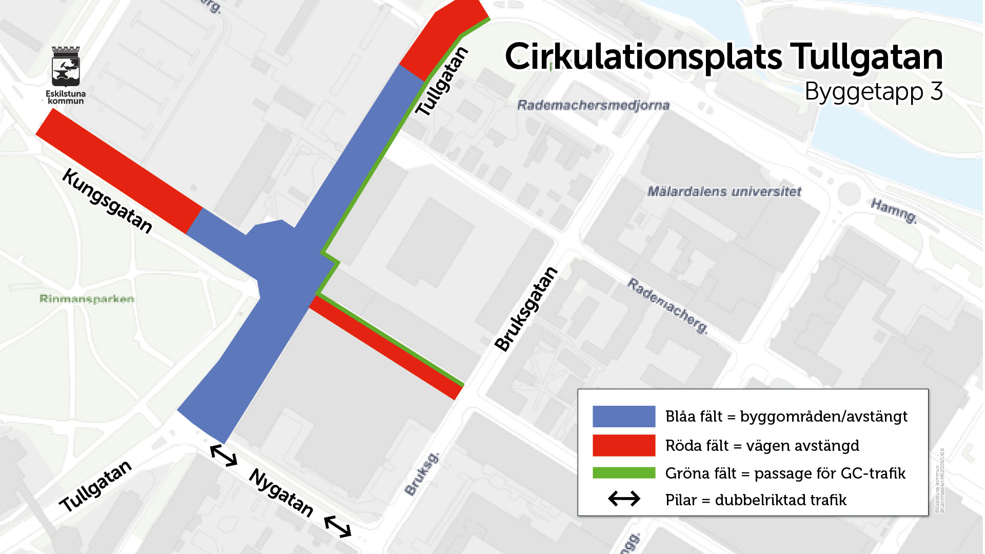 Kartbild som visar väg avstängd i röda fält, byggområden i blått och passage för gång- och cykeltrafik i grönt
